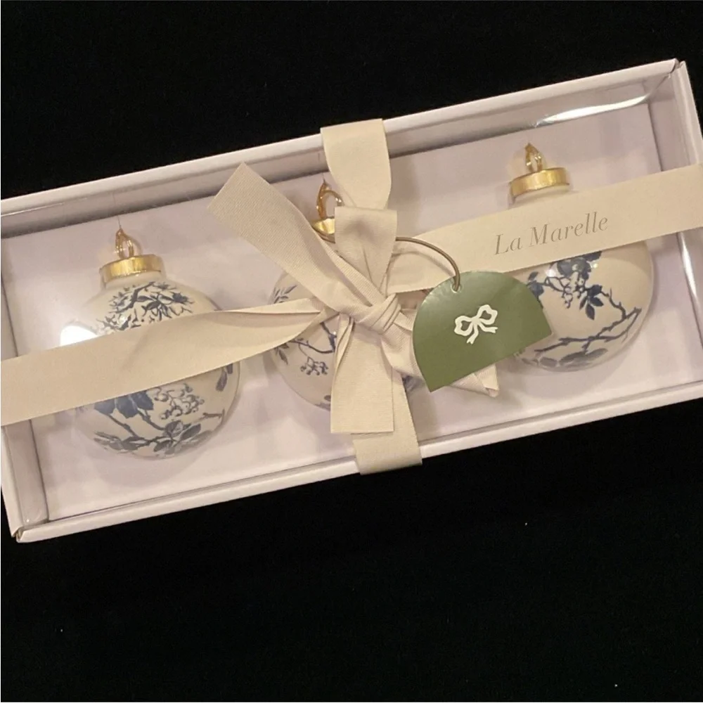 Set of 3 Hand Painted Christmas Ornaments White/Blue - Threshold Studio McGee